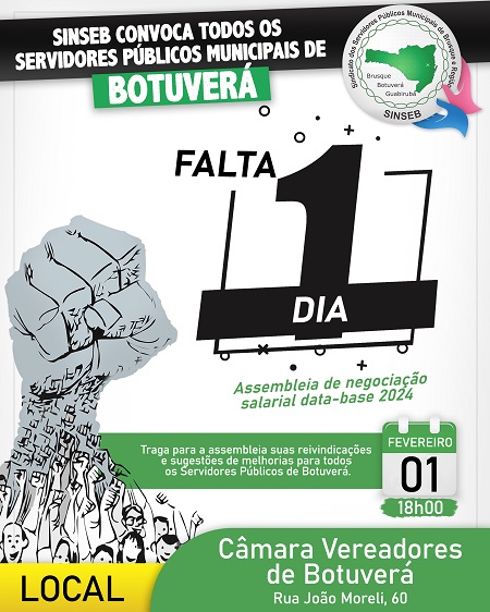 A Assembleia Geral Ordinária de Data-base de Botuverá 2024 ocorrerá dia 01 de fevereiro, às 18h00 na Câmara de Vereadores de Botuverá. ​​​​​​​